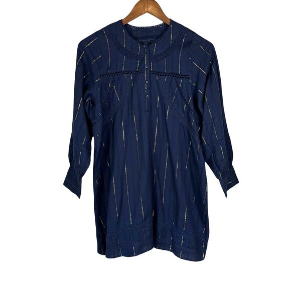 DRA Los Angeles Navy Gold Metallic Striped Eyelet Long Sleeve Shift Mini Dress - Picture 7 of 12